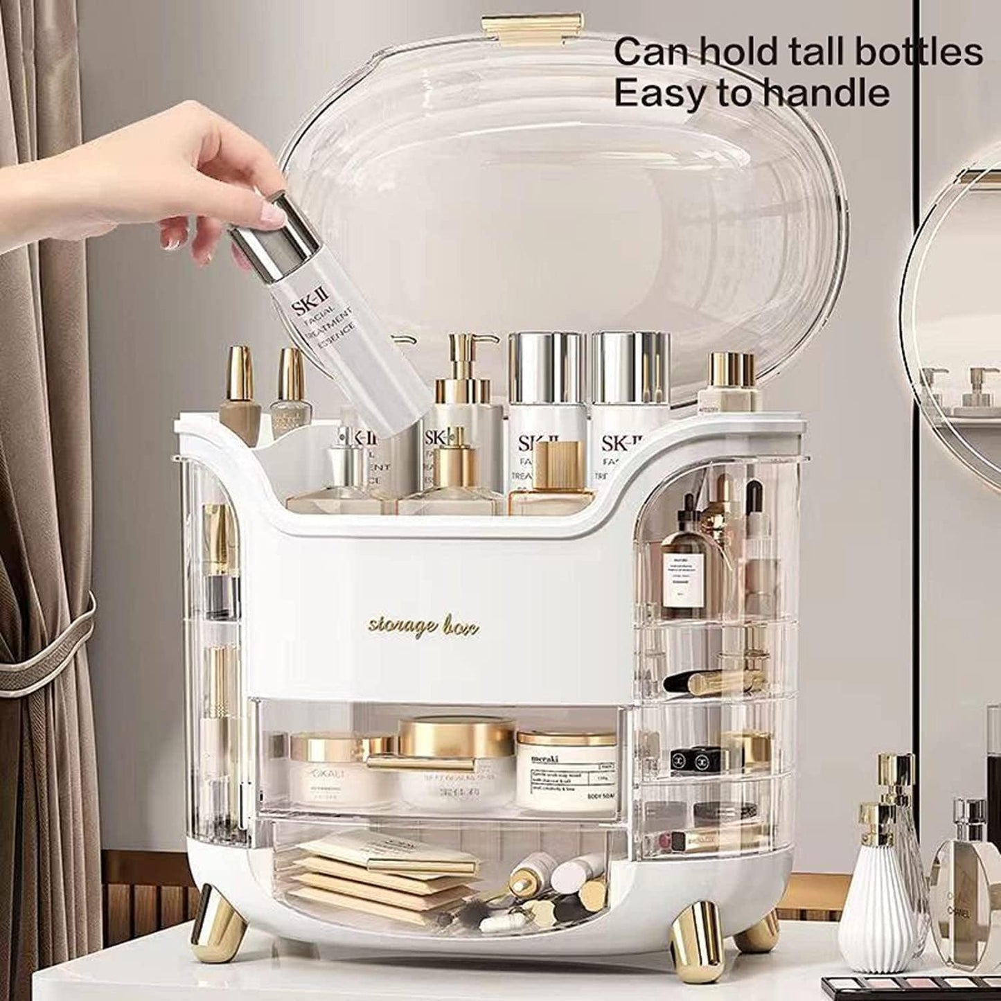 Makeup Organizer for Vanity, Portable Cosmetic Storage Box with Drawer and Transparent Lid, Dustproof and Waterproof Large Countertop Organizer Make Up Holder for Bedroom, Bathroom Skincare