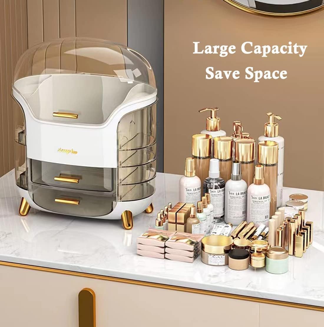 Makeup Organizer for Vanity, Portable Cosmetic Storage Box with Drawer and Transparent Lid, Dustproof and Waterproof Large Countertop Organizer Make Up Holder for Bedroom, Bathroom Skincare