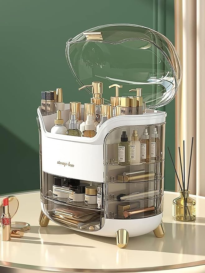 Makeup Organizer for Vanity, Portable Cosmetic Storage Box with Drawer and Transparent Lid, Dustproof and Waterproof Large Countertop Organizer Make Up Holder for Bedroom, Bathroom Skincare