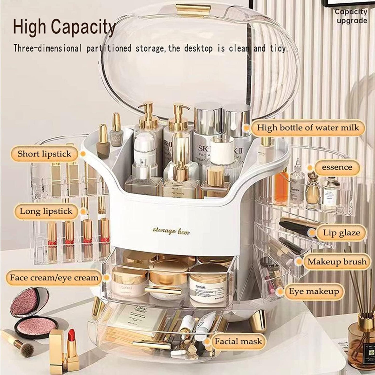 Makeup Organizer for Vanity, Portable Cosmetic Storage Box with Drawer and Transparent Lid, Dustproof and Waterproof Large Countertop Organizer Make Up Holder for Bedroom, Bathroom Skincare