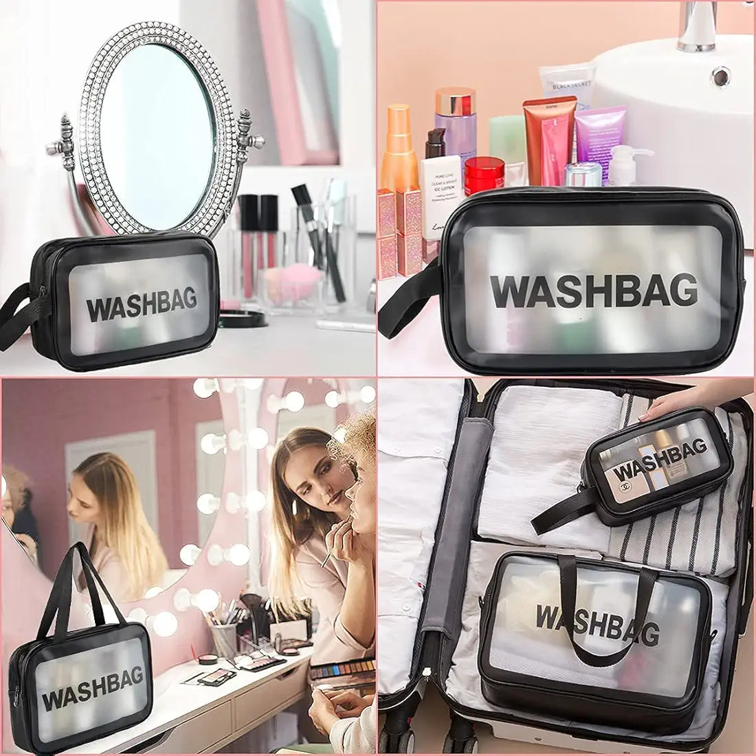 3PCS Original PVC Clear Wash Bag Set | Waterproof Travel Toiletry & Makeup Organizer (S, M, L)