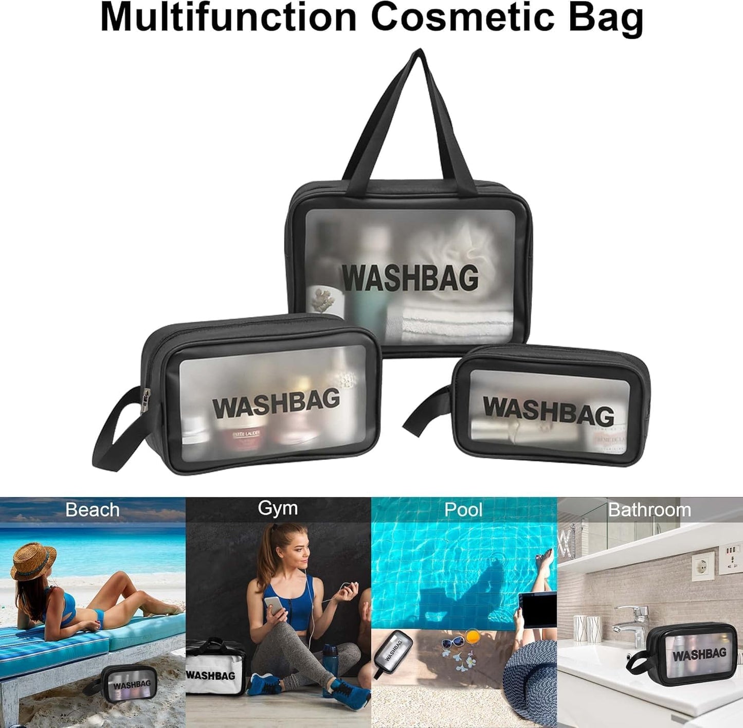 3PCS Original PVC Clear Wash Bag Set | Waterproof Travel Toiletry & Makeup Organizer (S, M, L)